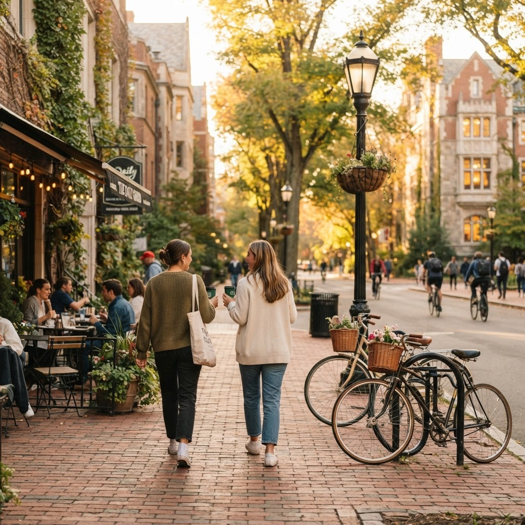 Sunny American college town street with cafes and bicycles