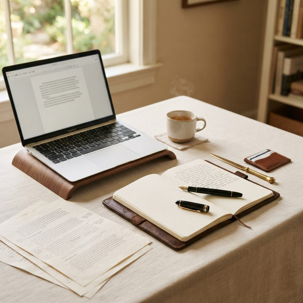 Elegant college application desk with pen, notebook and laptop