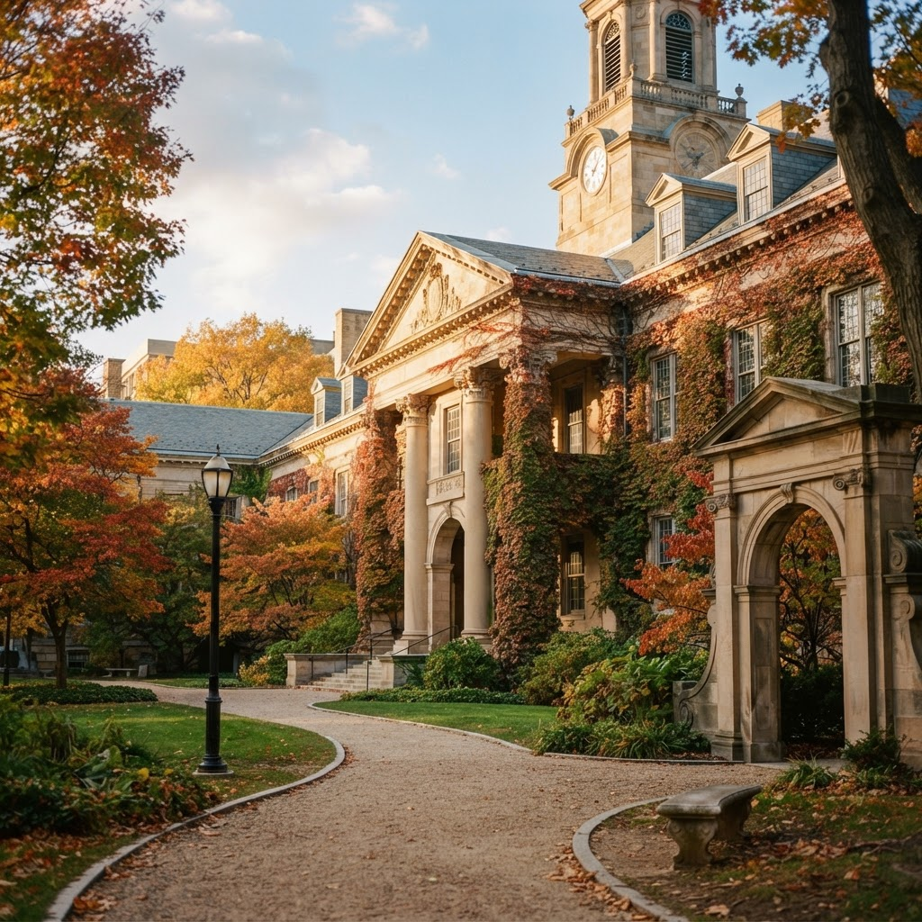 Prestigious American university campus with neoclassical architecture